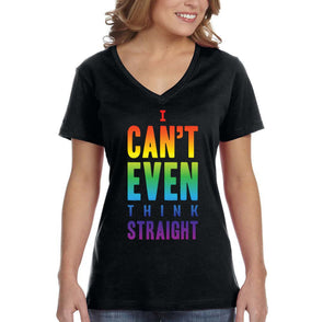 XtraFly Apparel Women&#39;s Can&#39;t Think Straight LGBTQ Queer Gay Pride Flag Rainbow Bisexual Lesbian Pansexual Transgender Ally V-neck T-shirt