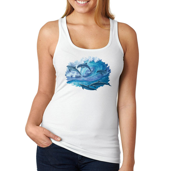 XtraFly Apparel Women&#39;s Dolphins Swimming Waves Ocean Sea Surfing Sailing Fish Fishing Great White Shark Mako Tiger Blue Beach Racerback