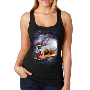 XtraFly Apparel Women&#39;s Pug Riding Pizza Space Galaxy Mars Moon Alien UFO Rocket Ship Astronaut Dog Animal Pet Puppy Portal Vortex Racerback