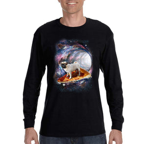 XtraFly Apparel Men&#39;s Pug Riding Pizza Space Galaxy Mars Moon Alien UFO Rocket Ship Astronaut Dog Animal Pet Puppy Long Sleeve T-Shirt