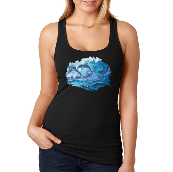 XtraFly Apparel Women&#39;s Dolphins Swimming Waves Ocean Sea Surfing Sailing Fish Fishing Great White Shark Mako Tiger Blue Beach Racerback