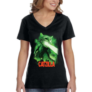 XtraFly Apparel Women&#39;s Catzilla Cat Animal Pet Kitty Kitten Tabby Monster Creature Japan Japanese Tokyo Anime Godzilla V-neck T-shirt