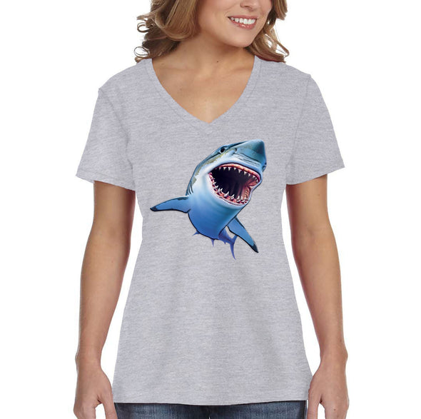 XtraFly Apparel Women&#39;s Sharky Great White Shark Swim Swimming Fish Fishing Diving Boating Beach Mako Blue Tiger Bull Ocean V-neck T-shirt