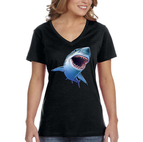 XtraFly Apparel Women&#39;s Sharky Great White Shark Swim Swimming Fish Fishing Diving Boating Beach Mako Blue Tiger Bull Ocean V-neck T-shirt