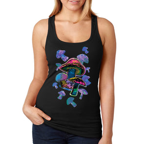 XtraFly Apparel Women&#39;s Colorful Mushrooms Rave Dance Hippie MD Music Festival Desert Nature Plants Forest Portal Party DJ Racerback