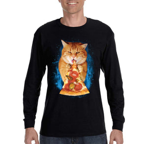 XtraFly Apparel Men&#39;s Pizza Cat Fat Kitty Tabby Kitten Space Galaxy Mars Moon Alien UFO Rocket Ship Pepperoni Pet Animal Long Sleeve T-Shirt