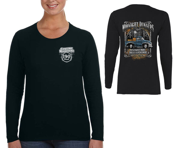 XtraFly Apparel Women&#39;s Midnight Runners Moonshine Moonshiners Popcorn Shine Country Whiskey Prohibition Brewery Beer Long Sleeve T-Shirt