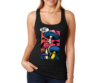 XtraFly Apparel Women&#39;s Mushrooms Comic Book Eat Me Rave Dance Music Vintage Hippie MD Portal Festival Desert Nature Plants Forest Racerback