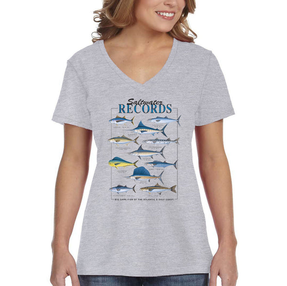 XtraFly Apparel Women&#39;s Saltwater Records Albacore King Mackerel Blue Marlin Amberjack Great Barracuda Swordfish Sailfish Sea V-neck T-shirt