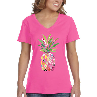 XtraFly Apparel Women&#39;s Patterned Pineapple Beach Vacation Summer Tropical Fruit Hawaii Hawaiian Mango Coconut Pina Colada V-neck T-shirt