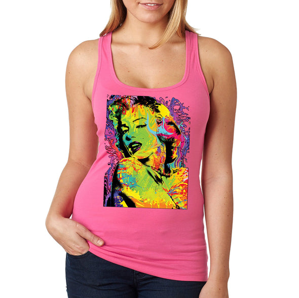 XtraFly Apparel Women&#39;s Neon Marilyn Monroe Sexy Pin Up Vintage Blonde Bombshell Beauty Tie Dye Racerback