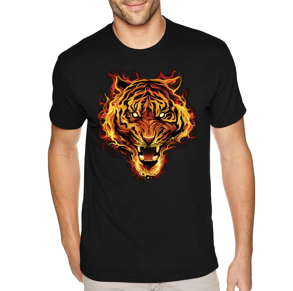 XtraFly Apparel Men&#39;s Tee Flaming Tiger Wild Animal Zoo Safari Wildlife Jungle Fire Flames Africa African Lion Crewneck T-shirt