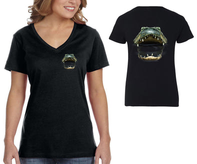 XtraFly Apparel Women&#39;s Gator Mouth Crest Alligator Reptile Freshwater Crocodile Bite Swamp Lake River Wild Animal Cayman V-neck T-shirt