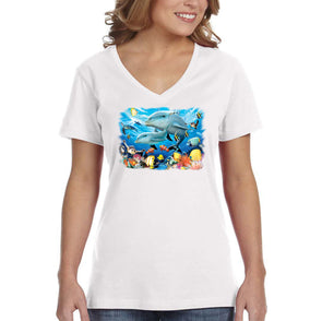 XtraFly Apparel Women&#39;s Dolphin Play Pod Sea Turtle Clownfish Angelfish Seahorse Blue Tang Fish Fishing Vacation Shark Ocean V-neck T-shirt