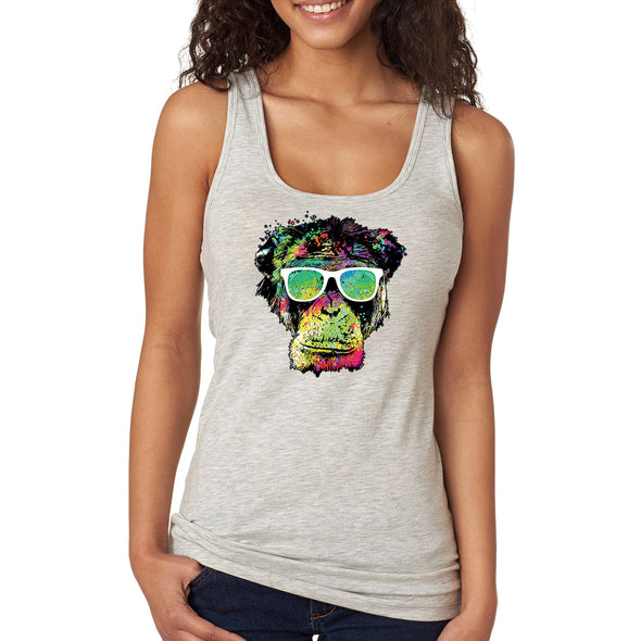 XtraFly Apparel Women&#39;s Neon Monkey Glasses Ape Chimp Chimpanzee Gorilla Primate Tie Dye Wild Animal Jungle Zoo African Lemur Racerback