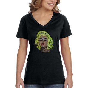 XtraFly Apparel Women Marilyn Monroe Sequin Rhinestone Sexy Pin Up Vintage Blonde Beauty Bombshell Fashionista Fashion Sassy V-neck T-shirt