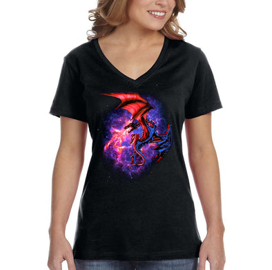 XtraFly Apparel Women&#39;s Space Dragon Galaxy Mythical Animal Flames Flaming Fire Mars Moon Alien Rocket Ship UFO Reptile V-neck T-shirt