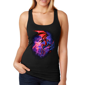 XtraFly Apparel Women&#39;s Space Dragon Galaxy Mythical Animal Flames Flaming Fire Mars Moon Alien Rocket Ship UFO Reptile Racerback