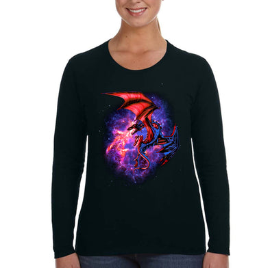 XtraFly Apparel Women&#39;s Space Dragon Galaxy Mythical Animal Flames Flaming Fire Mars Moon Alien Rocket Ship UFO Reptile Long Sleeve T-Shirt