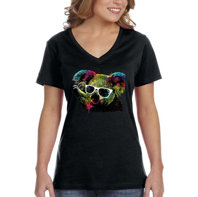 XtraFly Apparel Women&#39;s Neon Koala Bear Glasses Tie Dye Wild Animal Zoo Jungle Wildlife Forest Australia Australian V-neck T-shirt