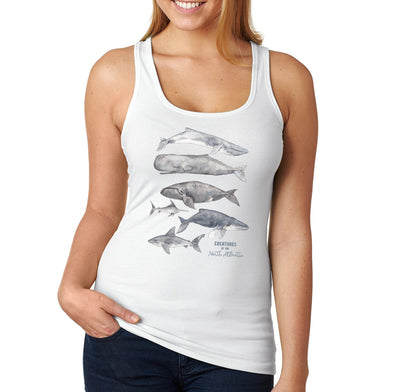 XtraFly Apparel Women&#39;s Creatures of North Atlantic Humpback Whale Blue Orca Sperm Fin Beluga Nantucket Diving Boating Fish Beach Racerback