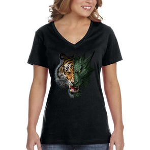 XtraFly Apparel Women&#39;s Half Dragon Tiger Wild Animal Wildlife Safari Africa African Zoo Mythical Reptile Lion V-neck T-shirt