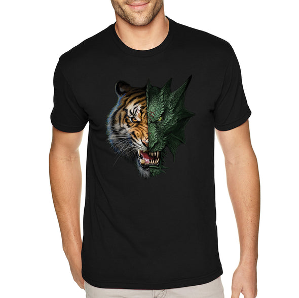 XtraFly Apparel Men&#39;s Tee Half Dragon Tiger Wild Animal Wildlife Safari Africa African Zoo Mythical Reptile Lion Crewneck T-shirt