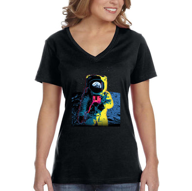 XtraFly Apparel Women&#39;s Colorful Astronaut Neon Space Galaxy Moon Spaceman Mars UFO Alien Rocket Ship V-neck T-shirt