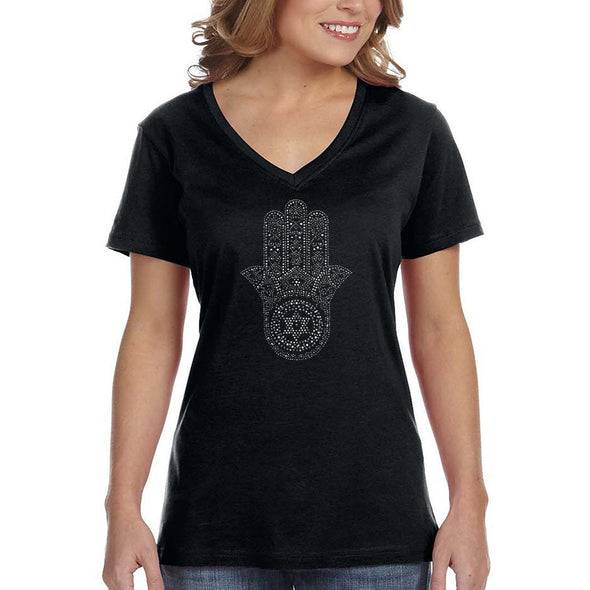 XtraFly Apparel Women&#39;s Hamsa Sequin Rhinestone Khamsa Evil Eye Muslim Islam David Star Hand Faith Jew Jewish Hebrew Judaism V-neck T-shirt