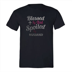 XtraFly Apparel Men&#39;s Tee Blessed By God Spoiled By Husband Sequin Rhinestone Religious Jesus Christ Church Cross Faith Crewneck T-shirt