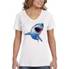 XtraFly Apparel Women&#39;s Sharky Great White Shark Swim Swimming Fish Fishing Diving Boating Beach Mako Blue Tiger Bull Ocean V-neck T-shirt