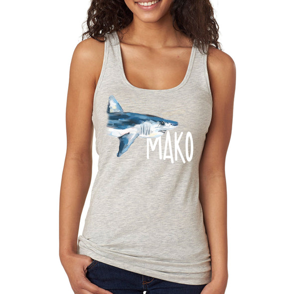 XtraFly Apparel Women&#39;s Mako Shark Great White Hammer Head Bull Tiger Fish Fishing Ocean Swim Diving Boating Fisherman Beach Sea Racerback