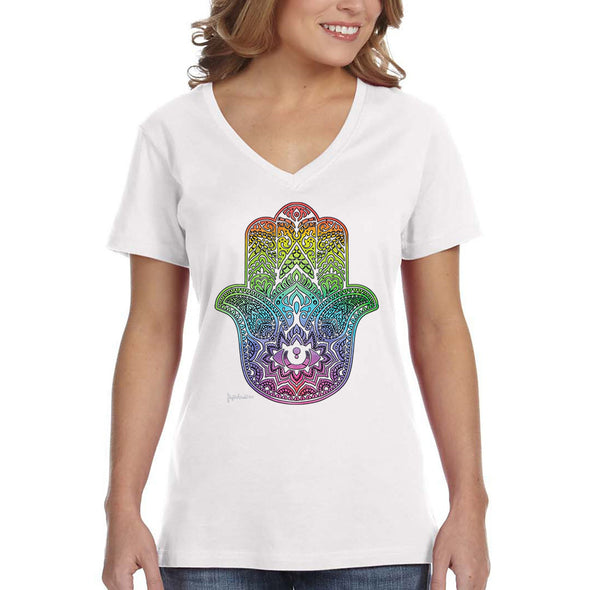 XtraFly Apparel Women&#39;s Rainbow Hamsa Hand Khamsa Evil Eye Star David Religious Faith Jew Jewish Judaism Islam Muslim Hebrew V-neck T-shirt