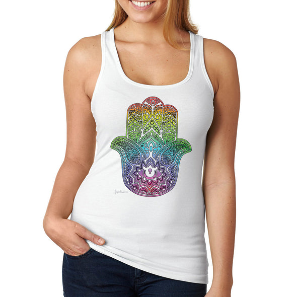 XtraFly Apparel Women&#39;s Rainbow Hamsa Hand Khamsa Evil Eye Star of David Religious Faith Jew Jewish Judaism Islam Muslim Hebrew Racerback