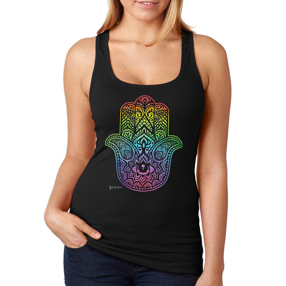 XtraFly Apparel Women&#39;s Rainbow Hamsa Hand Khamsa Evil Eye Star of David Religious Faith Jew Jewish Judaism Islam Muslim Hebrew Racerback