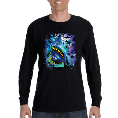 XtraFly Apparel Men&#39;s Cosmic Shark Great White Cosmo Space Galaxy Moon Earth Mars Alien UFO Fish Fishing Swimming Ocean Long Sleeve T-Shirt