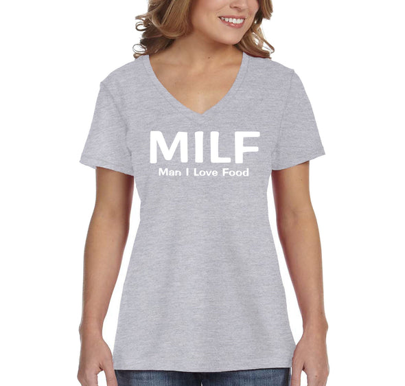 XtraFly Apparel Women&#39;s MILF Man I Love Food Mother&#39;s Day Motherhood Proud Momma Madre Mommy Grandma Grandmother Nana Mama V-neck T-shirt