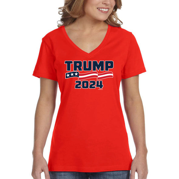 XtraFly Apparel Women&#39;s Trump 2024 Donald Presidential Election Political President USA American Flag Vote Voting Politics V-neck T-shirt