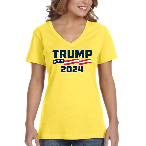 XtraFly Apparel Women&#39;s Trump 2024 Donald Presidential Election Political President USA American Flag Vote Voting Politics V-neck T-shirt