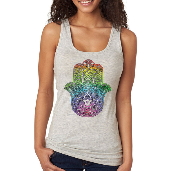 XtraFly Apparel Women&#39;s Rainbow Hamsa Hand Khamsa Evil Eye Star of David Religious Faith Jew Jewish Judaism Islam Muslim Hebrew Racerback