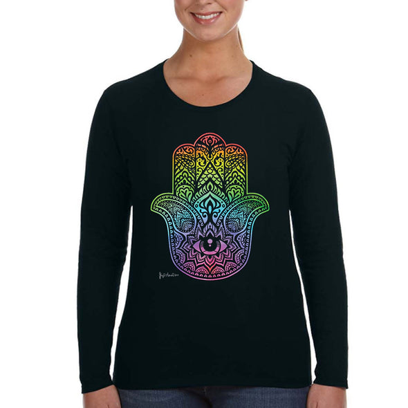 XtraFly Apparel Women&#39;s Rainbow Hamsa Hand Khamsa Evil Eye Star of David Faith Jew Jewish Judaism Islam Muslim Hebrew Long Sleeve T-Shirt