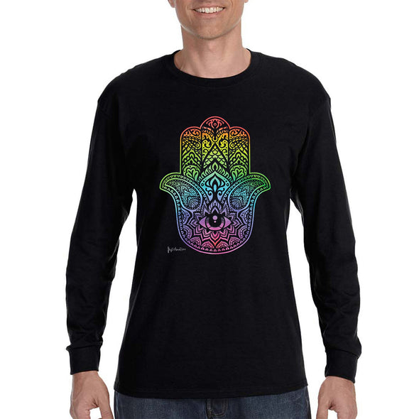 XtraFly Apparel Men&#39;s Rainbow Hamsa Hand Khamsa Evil Eye Star of David Faith Jew Jewish Judaism Islam Muslim Hebrew Long Sleeve T-Shirt