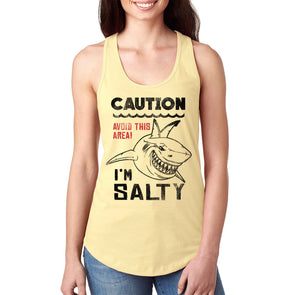 XtraFly Apparel Women&#39;s Caution I&#39;m Salty Great White Shark Jaws Danger Beach Fish Fishing Diving Boating Swim Saltwater Sea Tiger Racerback