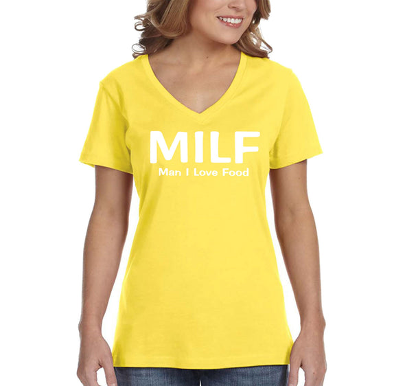 XtraFly Apparel Women&#39;s MILF Man I Love Food Mother&#39;s Day Motherhood Proud Momma Madre Mommy Grandma Grandmother Nana Mama V-neck T-shirt