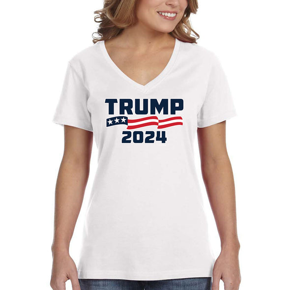 XtraFly Apparel Women&#39;s Trump 2024 Donald Presidential Election Political President USA American Flag Vote Voting Politics V-neck T-shirt