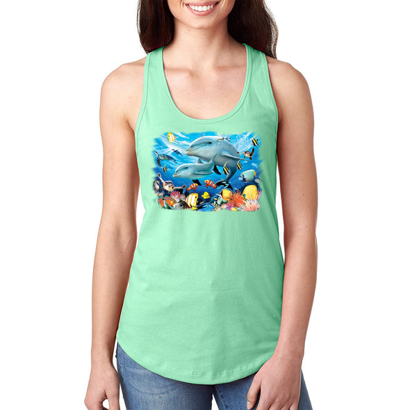 XtraFly Apparel Women&#39;s Dolphin Play Pod Sea Turtle Clownfish Angelfish Seahorse Blue Tang Fish Fishing Vacation Shark Ocean Swim Racerback