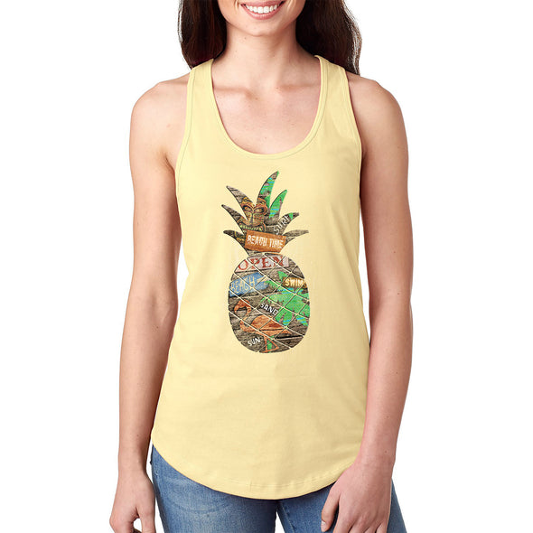 XtraFly Apparel Women&#39;s Beach Pineapple Tropical Vacation Tiki Flamingo Palm Tree Hawaii Hawaiian Summer Surf Surfing Swim Ocean Racerback