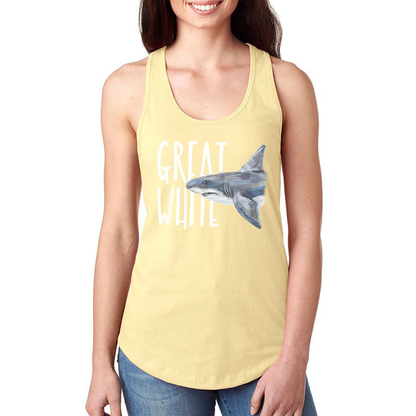 XtraFly Apparel Women&#39;s Great White Shark Fish Fishing Hammer Head Mako Blue Tiger Bull Swim Swimming Surfing Beach Ocean Sea Racerback