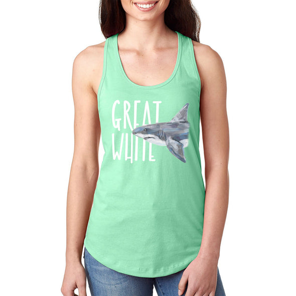 XtraFly Apparel Women&#39;s Great White Shark Fish Fishing Hammer Head Mako Blue Tiger Bull Swim Swimming Surfing Beach Ocean Sea Racerback