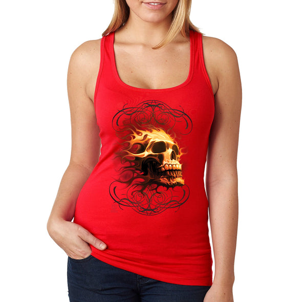 XtraFly Apparel Women's Fire Skull Flames Flaming Skeleton Biker Rider Motorcycle Undead Grim Reaper Underworld Demon Devil Gothic Racerback